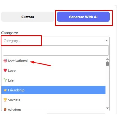 Category selection interface in an AI-powered quote generator tool with options for motivational, love, life, friendship, success, and wisdom categories