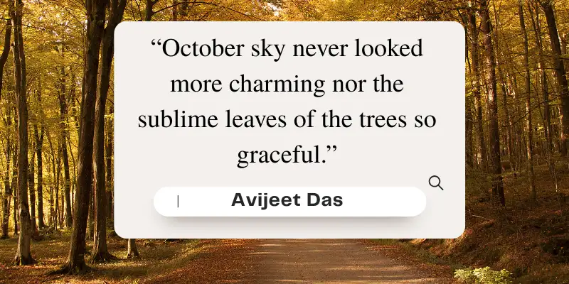 Avijeet Das’ October quote with a beautiful autumn forest background showcasing graceful leaves and a charming sky