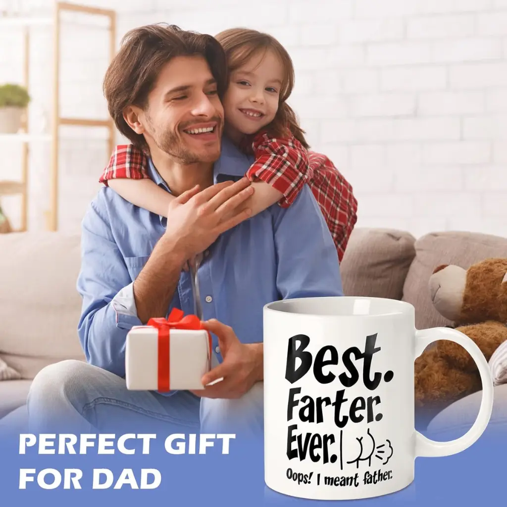Father and daughter with a 'Best. Farter. Ever.' mug, celebrating Father’s Day with a fun gift