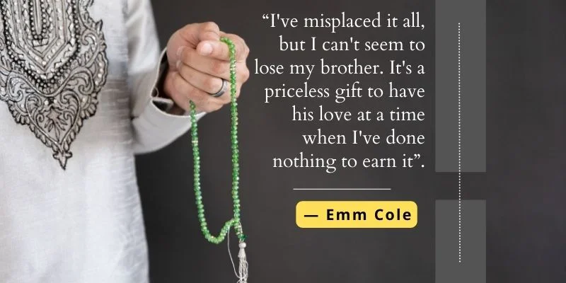 Inspirational quote by Emma Cole against the background of a man's hand with a set or string.