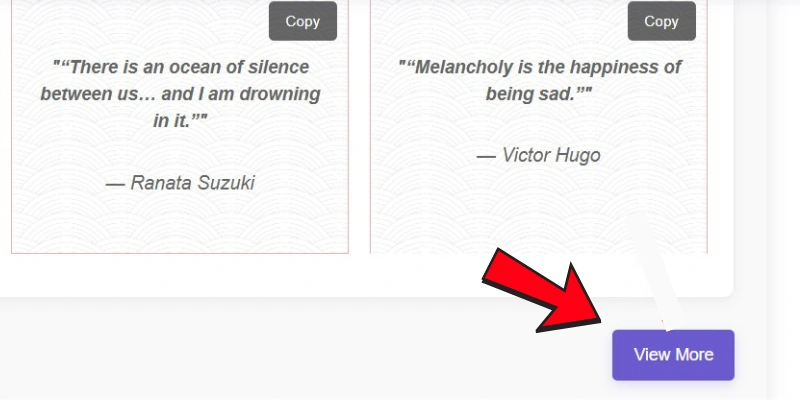 Free Online Quotes Generator Tool displaying two quotes with a 'View More' button to show additional quotes for the user's search