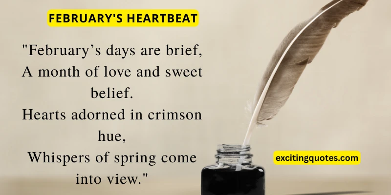 February poem titled “February’s Heartbeat” beside a feather quill in ink, capturing the romantic and seasonal charm of the month