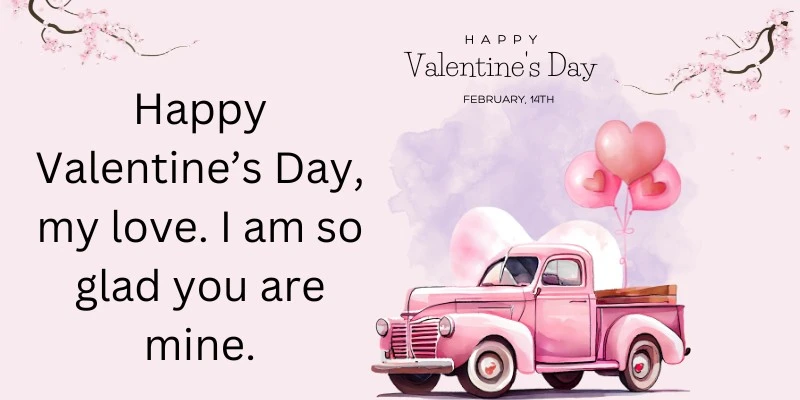Valentine’s Day message with a pink vintage truck carrying heart-shaped balloons on a pastel background