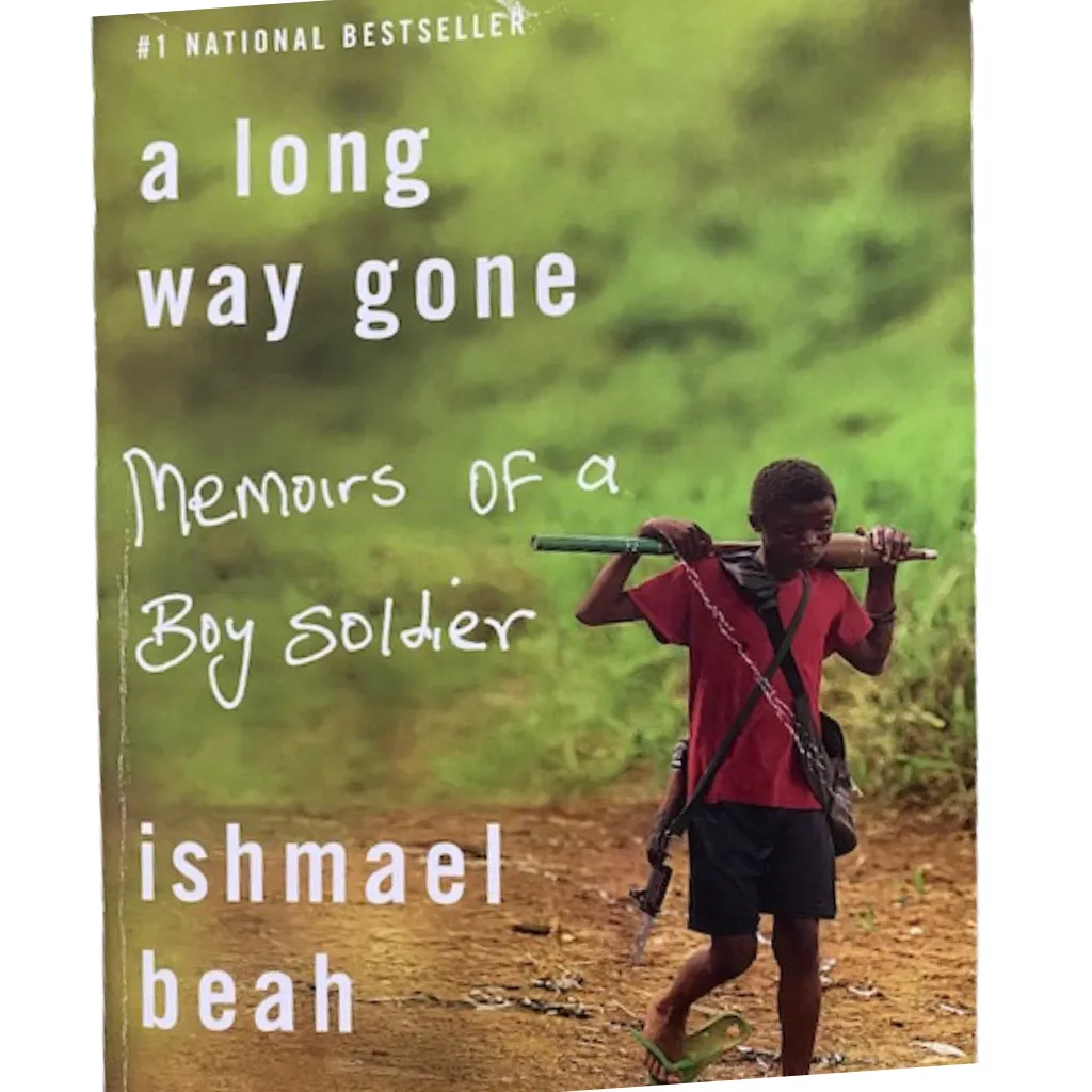 Cover of "A Long Way Gone" by Ishmael Beah, showing a young boy soldier with a rifle walking in a grassy field