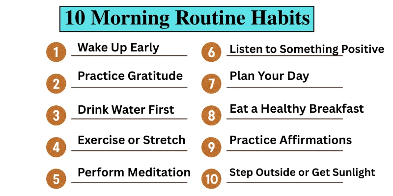 10 morning routine habits for a productive day including gratitude, hydration, meditation, and positive thinking