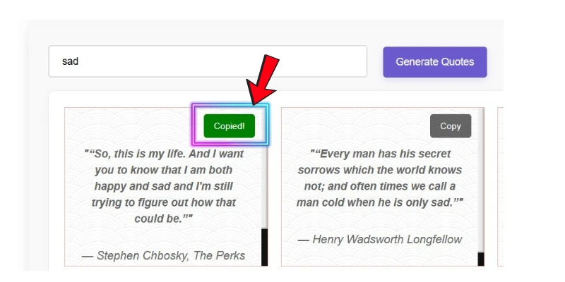 Free Online Quotes Generator Tool with a search bar, 'Generate Quotes' button, and a 'Copied!' notification after copying a quote