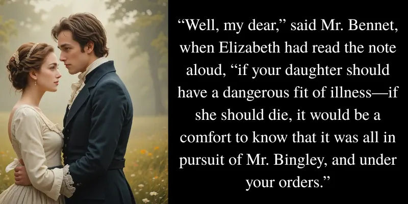 A romantic period couple beside a sarcastic quote from Mr. Bennet in Pride and Prejudice, highlighting wit and social satire in the novel.