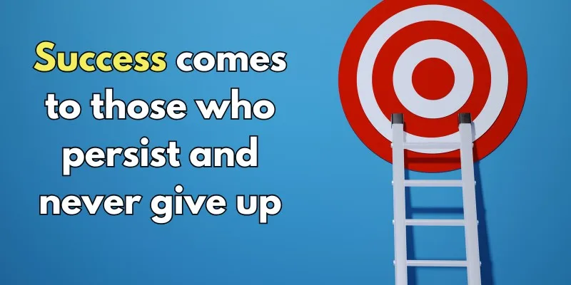 Success quote with target and ladder on a blue background.