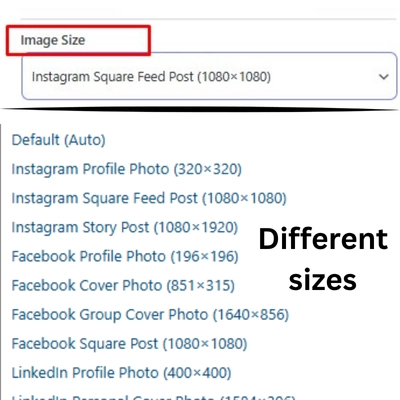 Image size selection feature in a quote generator tool, offering various preset sizes for social media posts like Instagram, Facebook, and LinkedIn