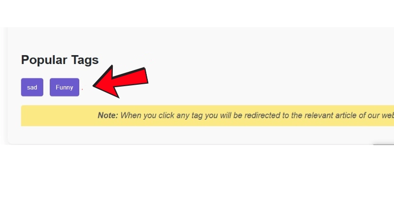 Popular tags section with clickable tags like 'sad' and 'funny' to redirect users to relevant articles for their search