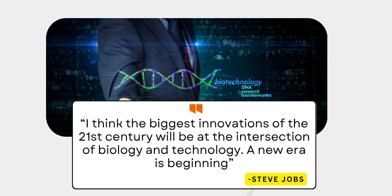 Steve Jobs quote on the intersection of biology and technology with a DNA and biotechnology graphic